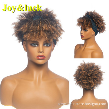 Short Culry Hair Wigs Ombre Brown Color Daily Hair Style Turban Wrap Linked Hair Together Headband Wigs,Synthetic Wigs